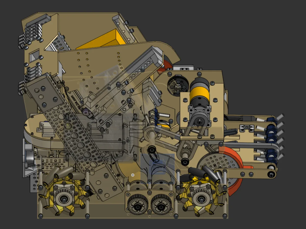 See-through side profile CAD view of the whole robot, showing drivetrain, intake, transfer and slides